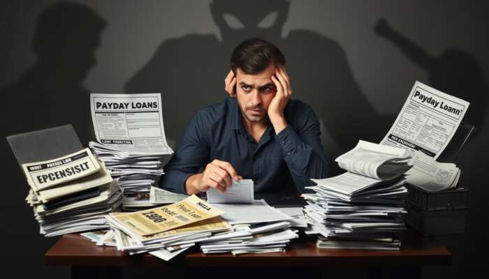 A stressed individual calculating expenses at a table cluttered with paperwork and payday loan ads, surrounded by ominous shadows representing debt.