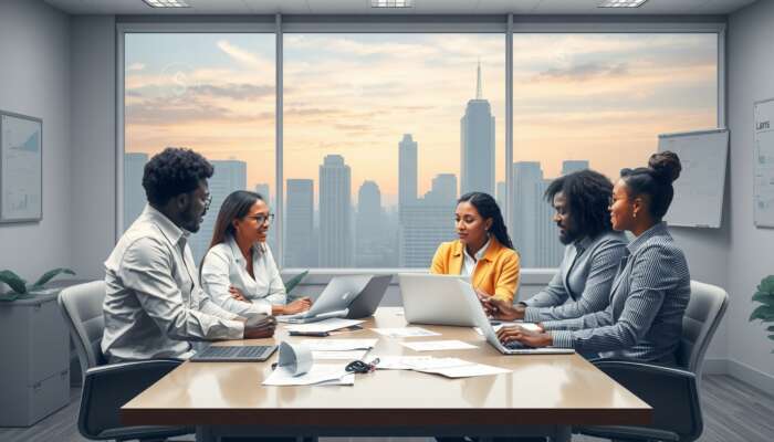 Diverse small business owners in a Mississippi office discussing financial documents and laptops, with charts and dollar signs symbolizing loans and financial growth.