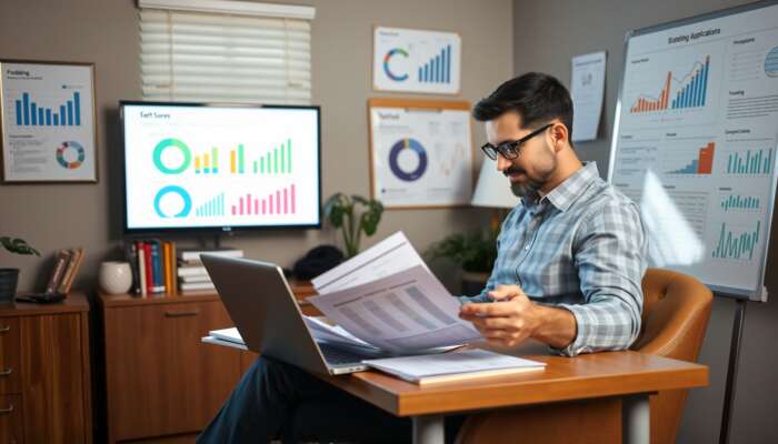A small business owner in Mississippi analyzing financial documents in a cozy office, with charts and graphs on credit scores and funding options displayed, alongside an open laptop showing loan applications and strategic planning notes.