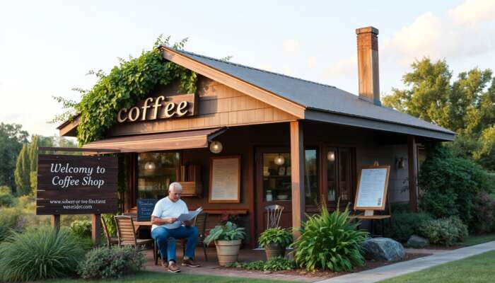 A cozy coffee shop in Mississippi surrounded by greenery, where people discuss financial documents, representing community support and financial empowerment.