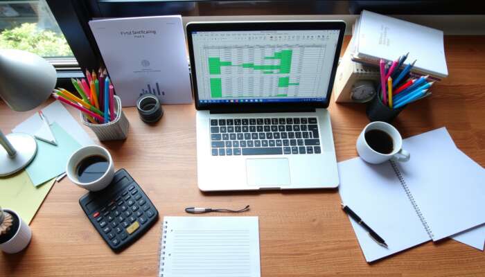 A tidy wooden desk with a laptop displaying a budget spreadsheet, colorful stationery, a calculator, and a coffee cup, with sunlight streaming through a window.
