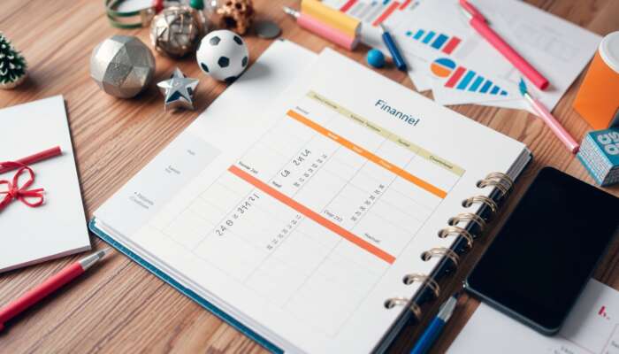 A colorful financial planner on a wooden desk, featuring highlighted seasonal budget sections, surrounded by holiday decorations, school supplies, and summer activity items.
