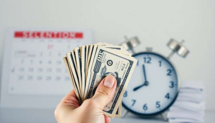 Hand holding a stack of cash with a blurred calendar and clock in the background, symbolizing urgency in short-term financial decisions.