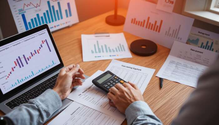 Person reviewing loan documents with a calculator and laptop, emphasizing proactive financial management and transparent fee structures.