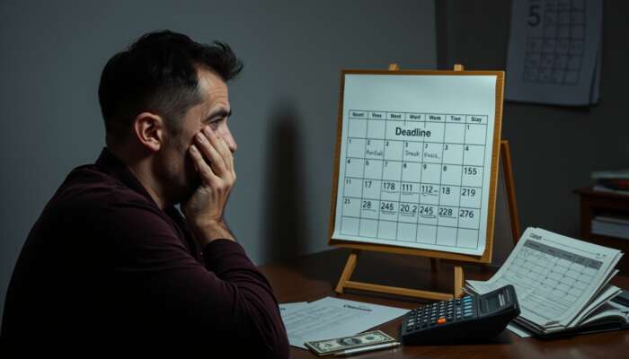 Stressed individual examining a calendar with a two-week deadline, surrounded by bills and a calculator, conveying financial anxiety.
