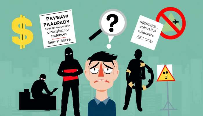 Frustrated consumer surrounded by symbols of payday loan issues, including high interest rates, unclear loan terms, hidden fees, aggressive collectors, loan rollover cycles, and warnings about fraudulent practices, against a distressed cityscape backdrop.