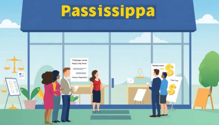 Illustration of a Mississippi payday loan storefront with a friendly lender and diverse customers discussing loan terms, surrounded by symbols of regulations like scales of justice and dollar signs under a sunny sky.