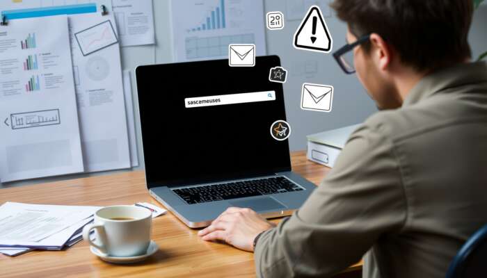 Frustrated person at a laptop searching for online complaint resources, surrounded by papers and a coffee cup, with icons of envelopes and warning signs.