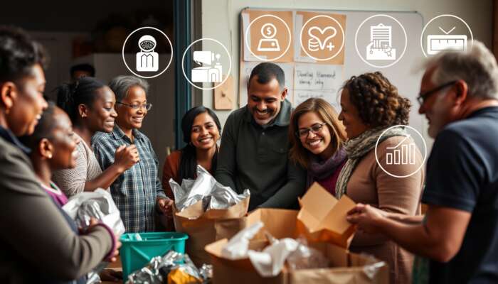 Diverse individuals and families receiving community assistance, surrounded by food supplies and financial support icons, symbolizing hope and economic stability.