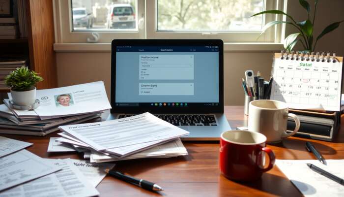 A cozy home office desk with essential documents, a laptop open to an application portal, a calendar with reminders, and a coffee cup.
