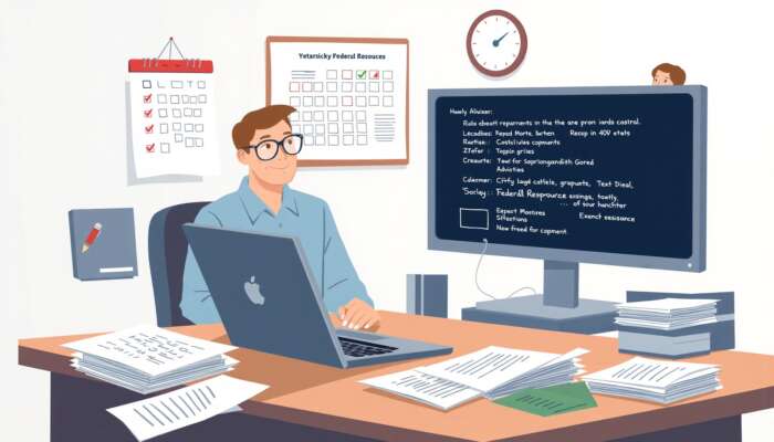 Person researching federal resources at a desk with paperwork and a laptop, featuring a checklist, deadline calendar, and a friendly advisor in a well-lit office.