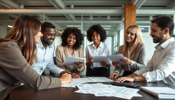 Diverse group of people in a modern office discussing financial documents, emphasizing collaboration and empowerment in personal loan applications.