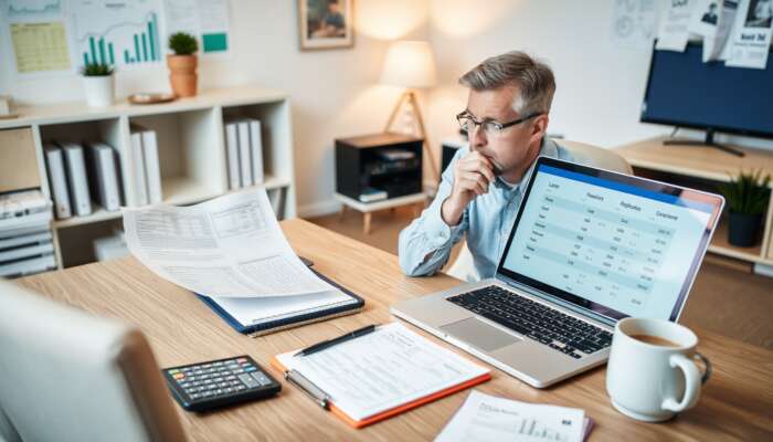 Person reviewing financial documents and loan options on a laptop at a desk in a well-lit home office.