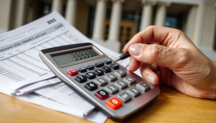 Calculator with financial documents and credit score reports, illustrating personal finance and loan calculations.