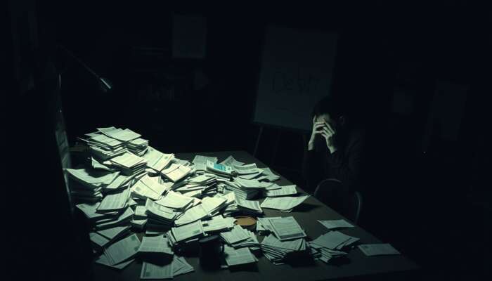 A person sitting at a cluttered table with piles of bills and overdue notices, feeling anxious as a shadowy figure representing debt looms over them.