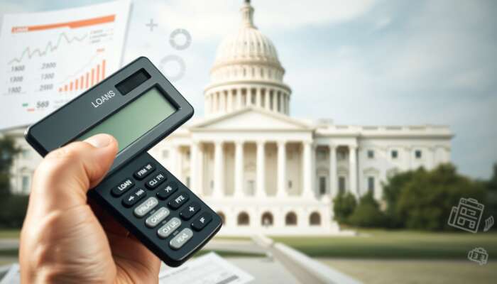 A hand holding a calculator surrounded by loan documents and financial symbols, with a blurred government building in the background, symbolizing empowerment in personal finance and awareness of payday loan regulations.