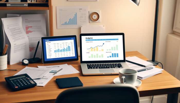 A serene home office with a laptop showing a budgeting app, financial documents, a calculator, and a cup of coffee, symbolizing organized personal finance management.