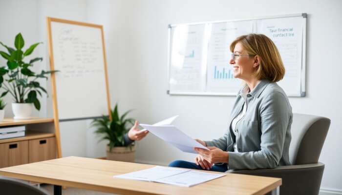 A credit counselor and client engage in a supportive discussion over financial documents in a serene office, with a whiteboard displaying strategies and a plant adding warmth.