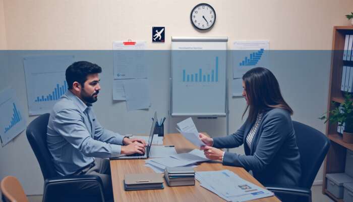 A financial counselor discussing a personalized repayment plan with a client in a cozy office, surrounded by charts and financial documents.