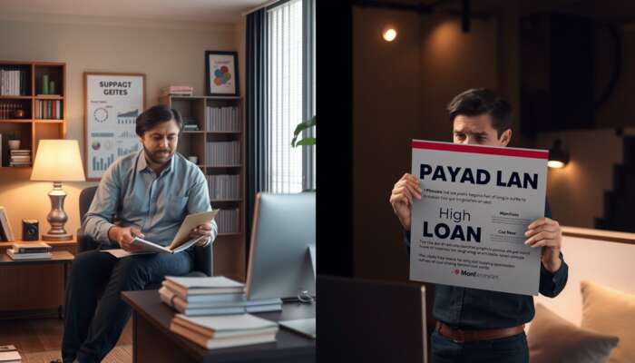 A split image showing a supportive credit counselor advising a client in a bright office filled with financial resources, contrasted with a stressed individual holding a payday loan ad in a dark setting, highlighting the differences between credit counseling and payday loans.