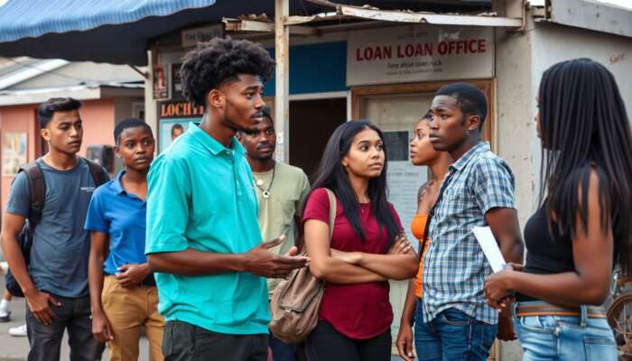 A diverse group of young adults aged 18 to 40 outside a small loan office in Mississippi, showcasing various ethnicities and expressions of concern and hope amidst economic challenges.