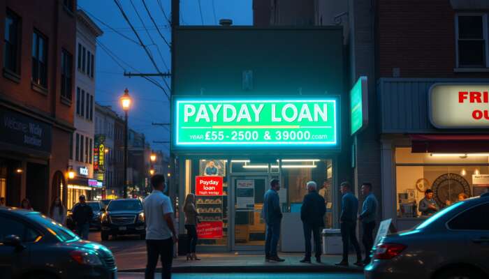 A busy Mississippi city street with a payday loan storefront displaying a neon sign for high-interest loans, while concerned individuals discuss financial options, highlighting the tension between quick cash and debt burdens.