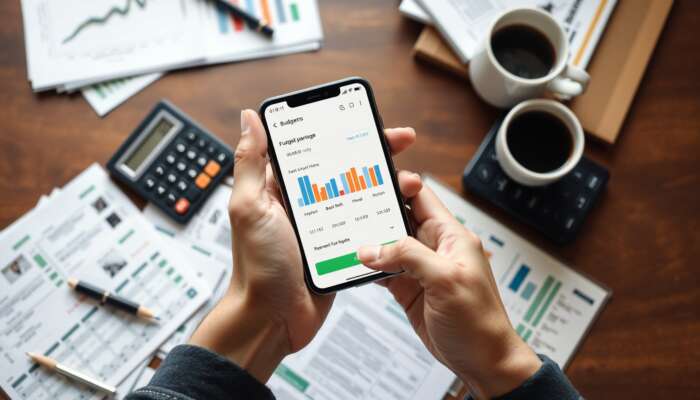 A hand holding a mobile phone with a budgeting app, surrounded by bills, a calculator, and a coffee cup, representing modern financial management and flexible repayment strategies.