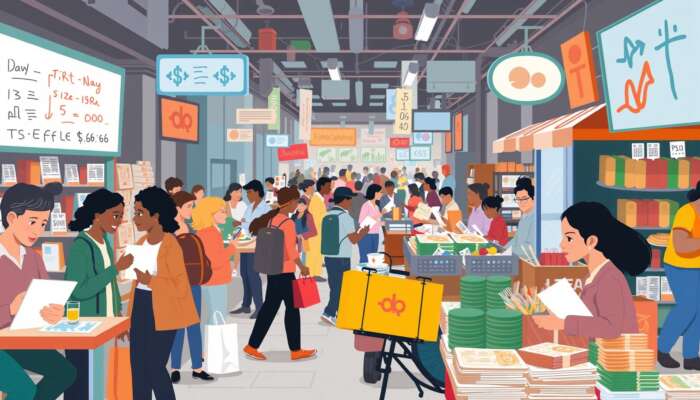 Diverse individuals engaged in various side hustles like freelancing, crafting, and food delivery in a vibrant urban marketplace, highlighting entrepreneurship and economic resilience.