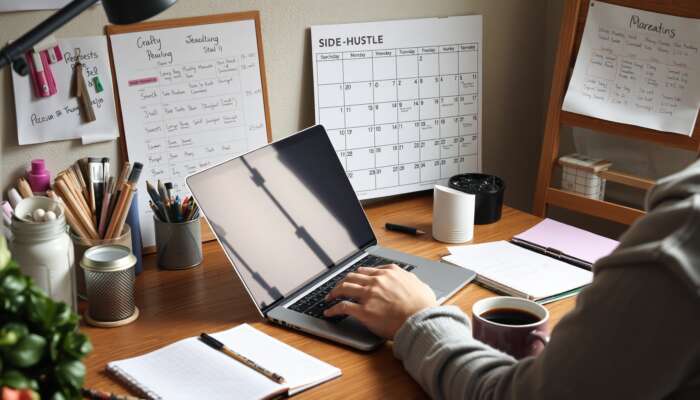 A person working on a laptop in a cozy home office filled with craft supplies, a notepad of ideas, a coffee cup, and a calendar displaying deadlines and goals.