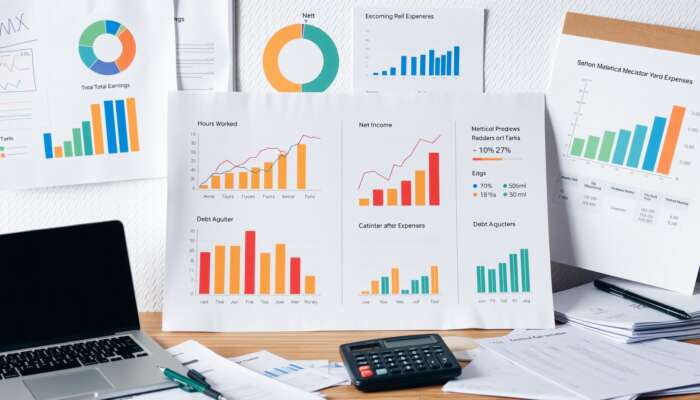 Charts and graphs displaying financial metrics related to side hustles, including earnings, hours worked, net income, savings progress, debt reduction, skills acquired, and customer satisfaction, set in a workspace with a laptop and financial documents.