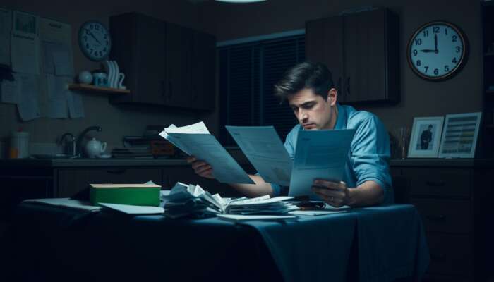 A stressed person at a cluttered kitchen table holds bills and a loan application in a dimly lit room, reflecting urgency and financial strain.