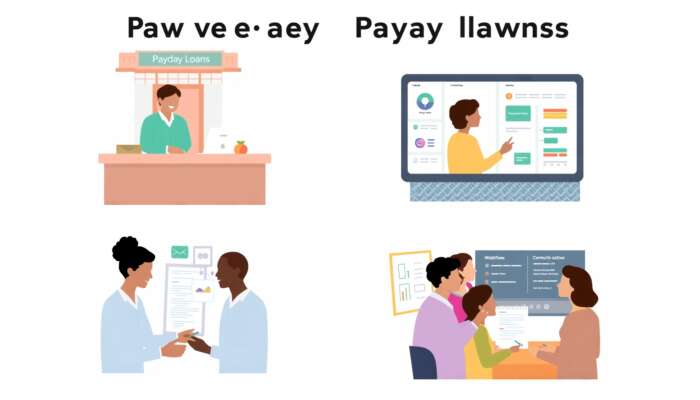 Collage of financial alternatives to payday loans, featuring a bank scene with a teller, a peer-to-peer lending interface, a community center with a financial advisor, and diverse individuals discussing credit-building loans.