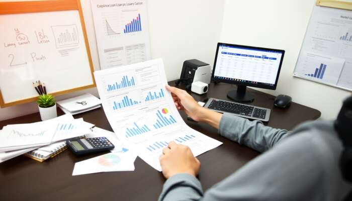 A person analyzing a detailed budget with charts and graphs at a desk, surrounded by financial documents, a laptop showing loan comparisons, and a calculator in a well-organized workspace.