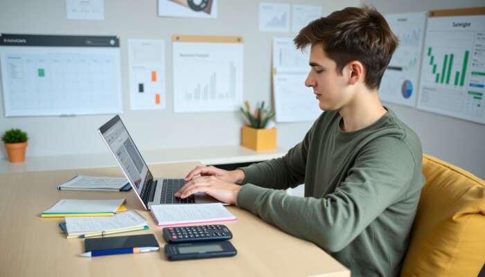 Young adult managing personal finances at a desk with a laptop displaying budgeting apps, surrounded by notebooks, a calculator, and financial charts.