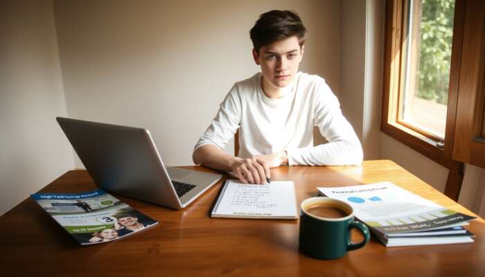 Young adult in Mississippi focused on financial goals at a wooden table with a laptop, notepad, high-yield savings account brochure, and coffee, illuminated by natural light.