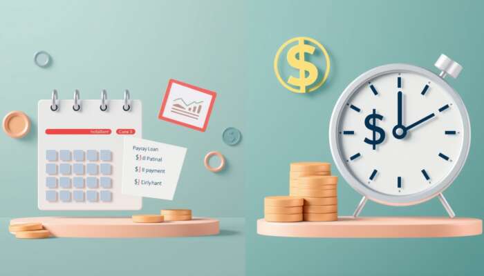 A split image illustrating two types of payday loans: an installment loan with a calendar and payment reminders on the left, and a single-payment loan featuring a large dollar sign and a clock on the right, set against a background of coins and dollar bills.