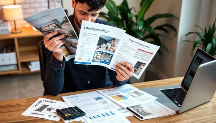 Person reviewing lender brochures and financial documents in a cozy home office with a laptop and calculator.