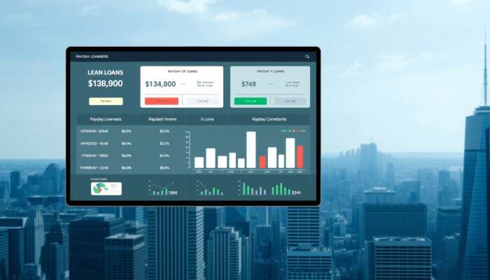Digital interface showcasing side-by-side comparisons of payday loan options with graphs and charts for interest rates, loan amounts, and total costs, framed by a financial district skyline.