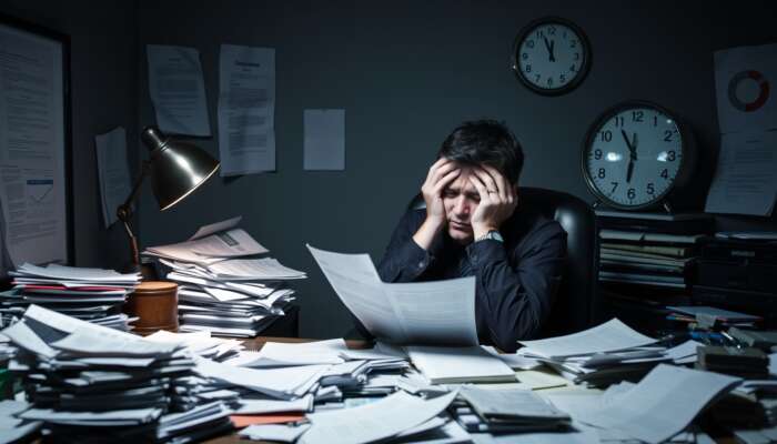 A stressed person at a cluttered desk surrounded by bills and loan documents, with a clock indicating urgency, illustrating the anxiety of financial pressure and the cycle of payday loan debt.