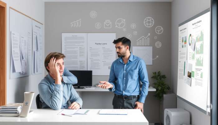 A concerned borrower discusses payday loan terms with a lender in a modern office, surrounded by regulatory documents and financial symbols, highlighting transparency and responsible lending practices.
