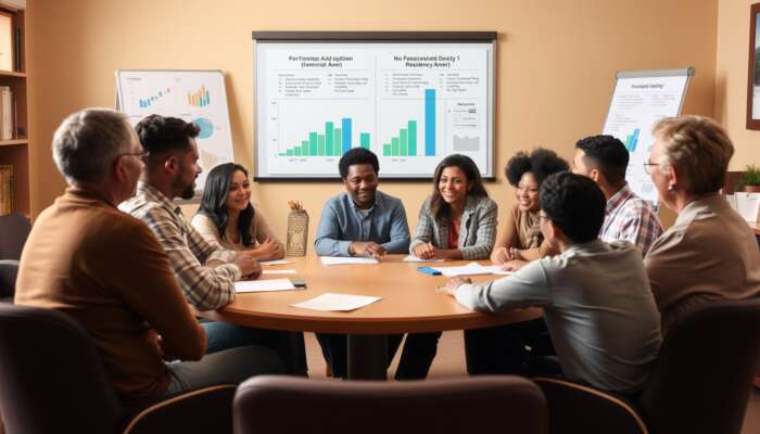 A diverse group of individuals at a community meeting discussing financial aid options, with charts and graphs on income levels and residency criteria in a warm, inviting room.