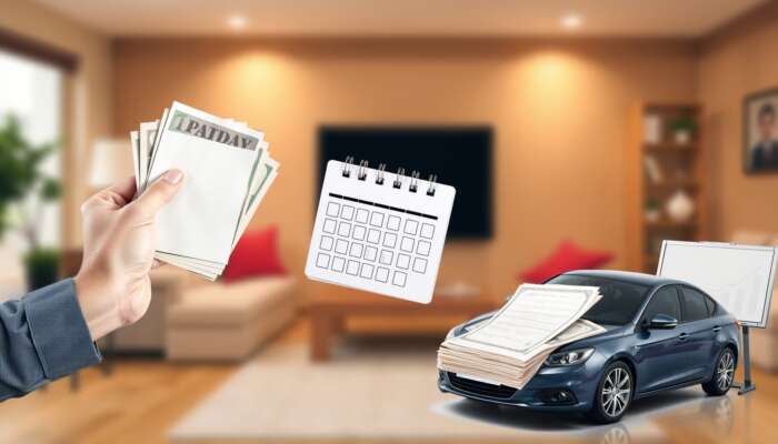 Collage of loan types including a person holding cash, a payday-marked calendar, a car with a title document, and a stack of bills in a cozy living room setting.