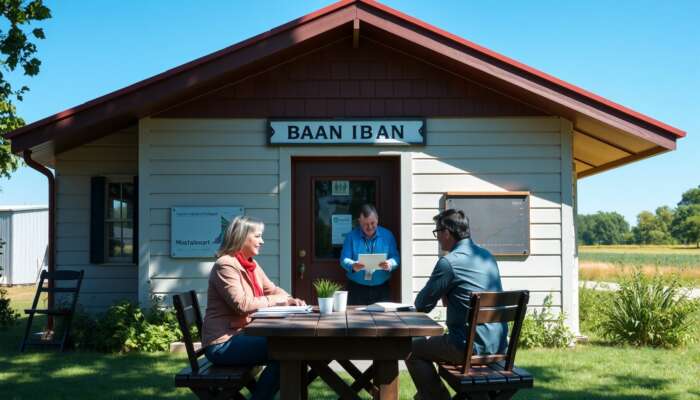 A friendly loan officer discusses personal and payday loan options with a couple at a small-town bank in a serene Mississippi landscape.