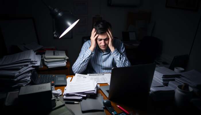 A worried person surrounded by bills and loan documents at a cluttered desk, with a calculator and a laptop displaying a rising debt graph, illustrating financial stress.