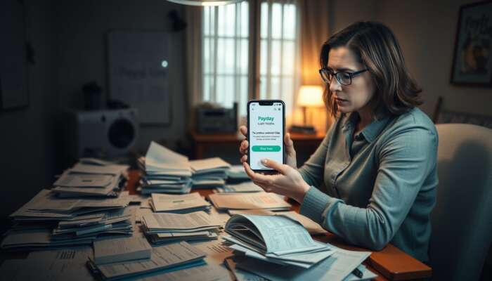 A stressed person sitting at a cluttered table with bills and urgent documents, holding a smartphone displaying a payday loan app in a dimly lit room.