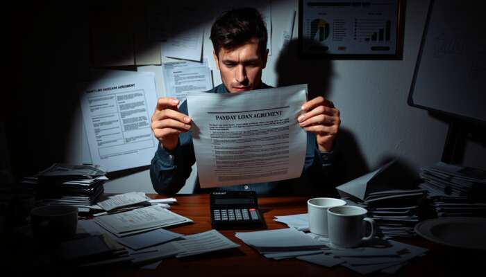 A stressed person surrounded by bills and paperwork, holding a payday loan agreement at a cluttered table, symbolizing financial strain and anxiety.