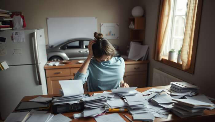 A stressed single mother at a cluttered kitchen table, surrounded by bills and paperwork, holding her head in her hands, with a broken car visible through a window, representing financial struggle and the payday loan cycle.