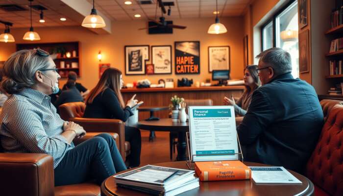 Cozy coffee shop interior with patrons discussing personal finance, featuring warm lighting, comfortable seating, and a display of finance books and loan applications, symbolizing community support in financial decisions.
