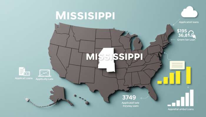U.S. map highlighting Mississippi with upward arrows showing increasing online payday loan usage, alongside varied statistics from other regions, featuring loan symbols and bar graphs for application numbers and approval rates.