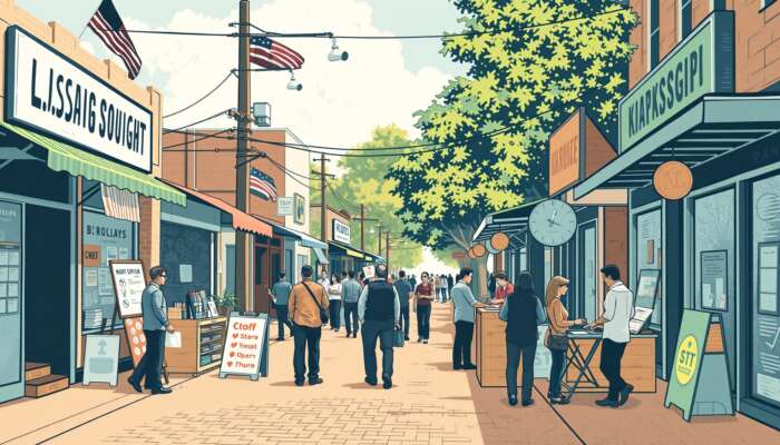 A vibrant Mississippi street scene showcasing small businesses and people engaging in financial transactions, highlighting the impact of online payday loans on the local economy.